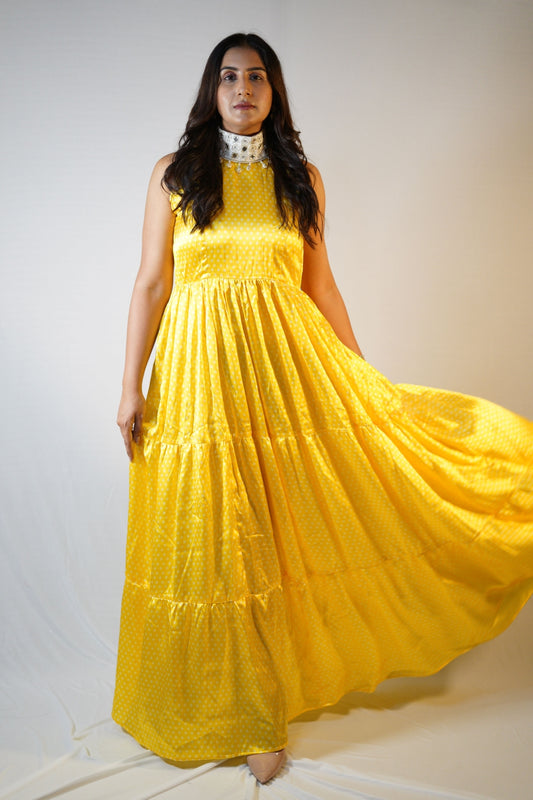 Bandhni Print Halter Neck Dress - Haldi & Mehendi