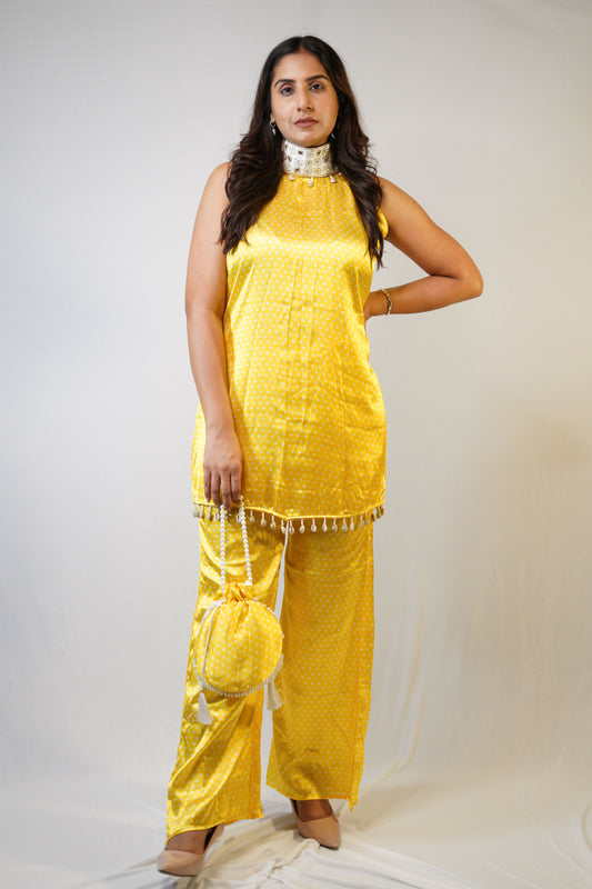 Halter Neck Co-Ord Set With Hand Embroidered Details - Haldi & Mehendi