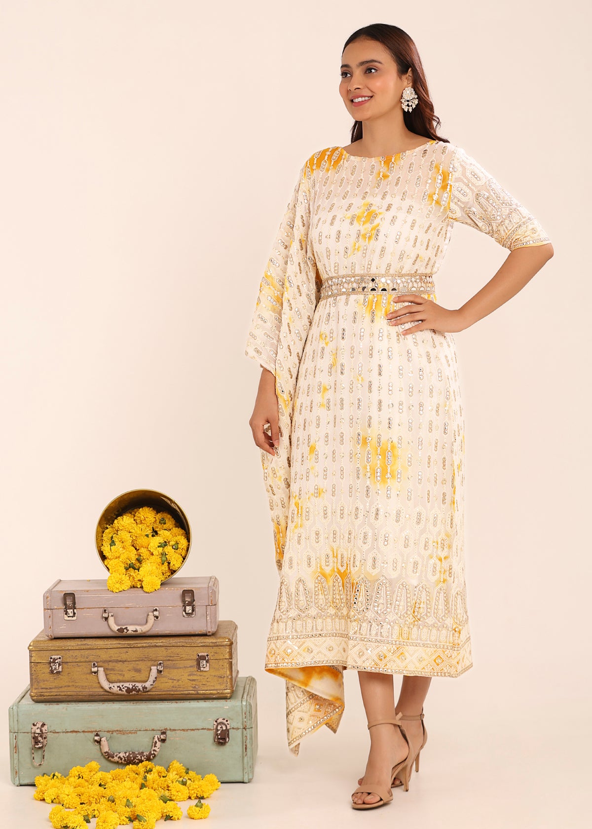 Tie And Dye Half Kaftan Dress - Haldi & Mehendi